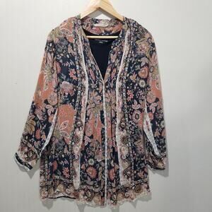 Soft Surroundings Tunic Top Womens Medium Blue Pink Floral Boho Sheer Cami